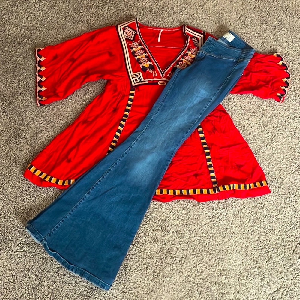 Free People red embroidered Tunic Dress & Flares 26 Small bell bottoms s…